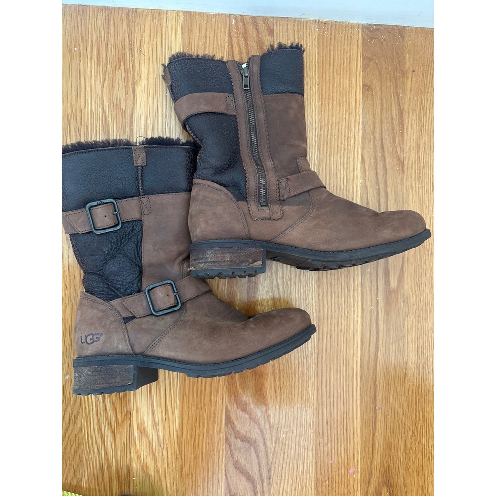 UGG Simmens Stout Brown Leather Waterproof Moto Boots 1008439 Womens 9